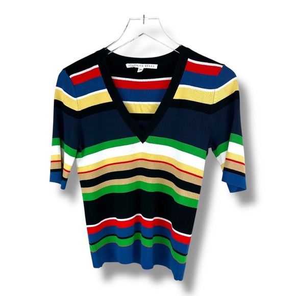 Veronica Beard Sweaters - Veronica Beard Myra Striped V Neck Short Sleeve Knit Top‎ Women Size S